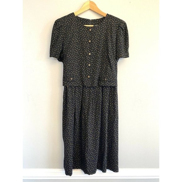 80s VINTAGE TORI ALEXANDER DRESSS BLACK SIZE 10 Button Down Short Sleeve MIDI - Picture 1 of 9